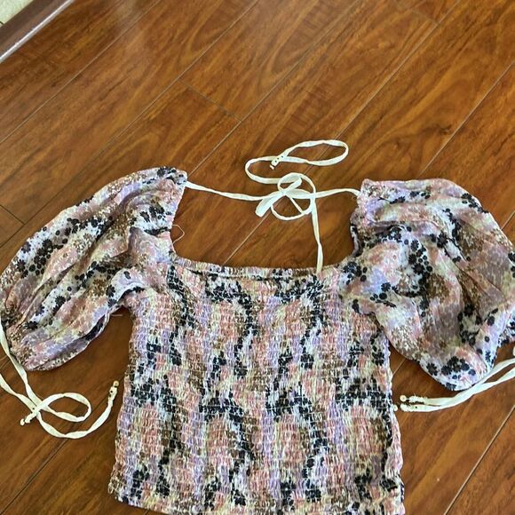 NWT Free People Top Back On Top Crop Floral Smocked Tie Puff Soft Combo XS - Picture 5 of 10